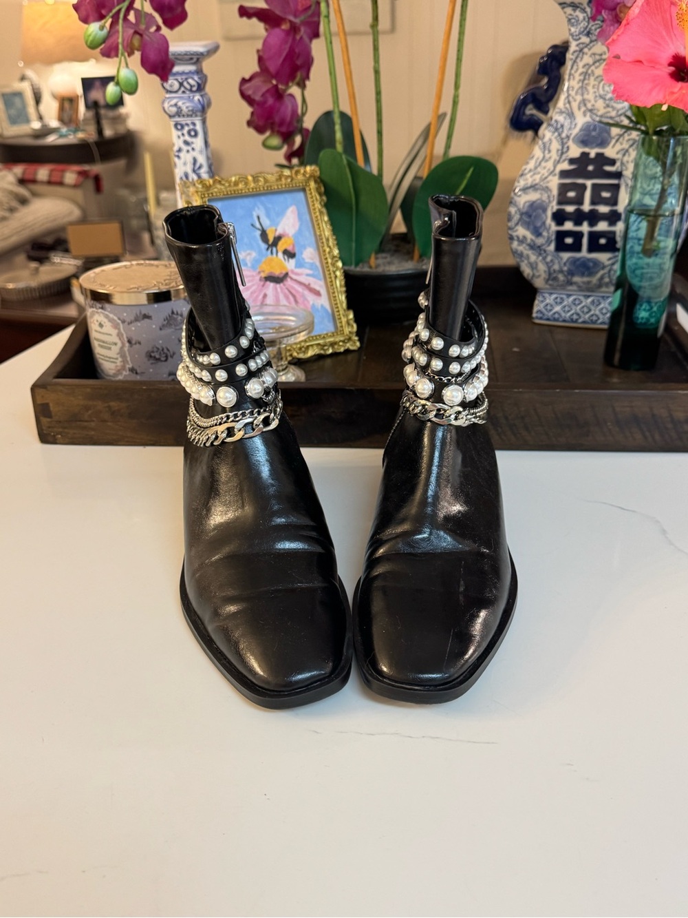 🖤 ZARA LOW HEELED PEARL CHAIN ANKLE BOOTS! 🖤🖤